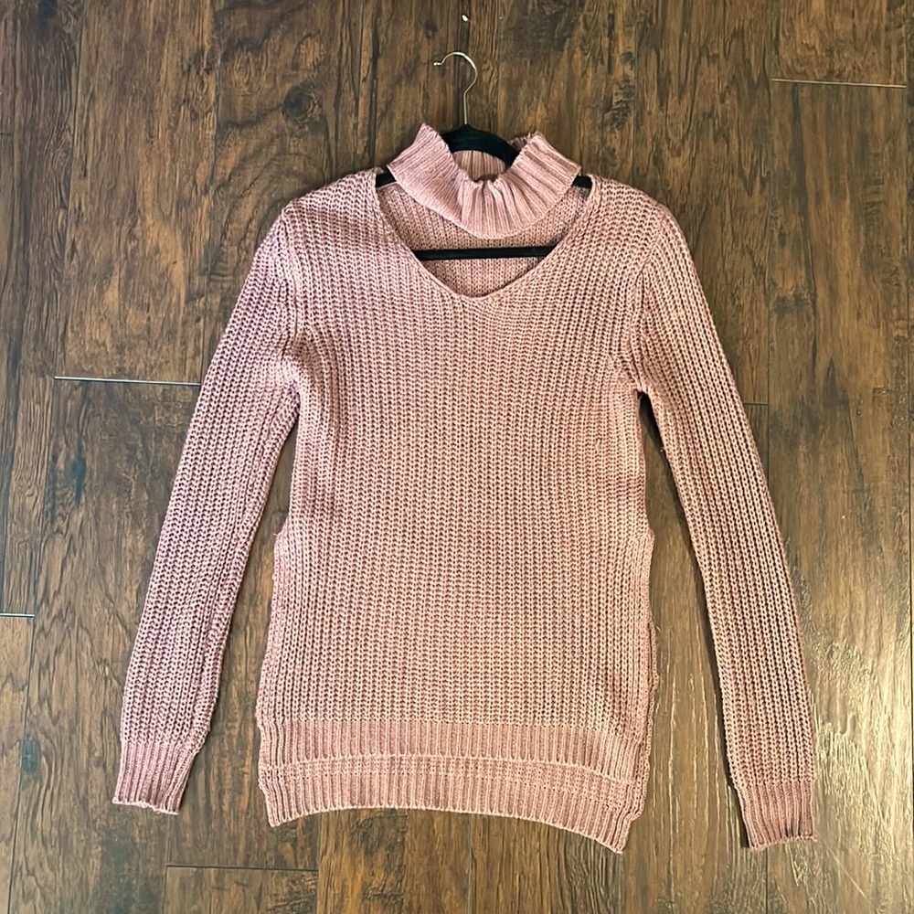 Purple knitted sweater with key whole cut out and turtle neck choker